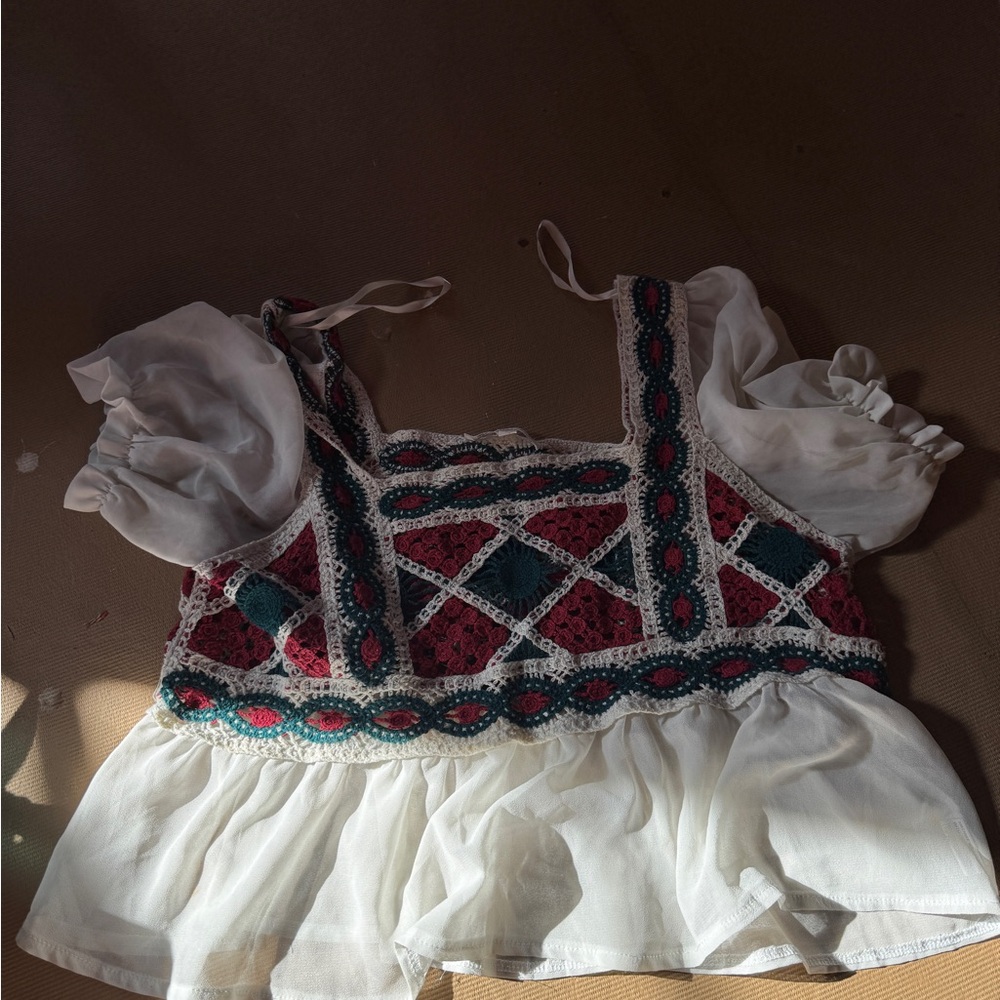 Bohemian Crochet Crop Top with Puff Sleeves